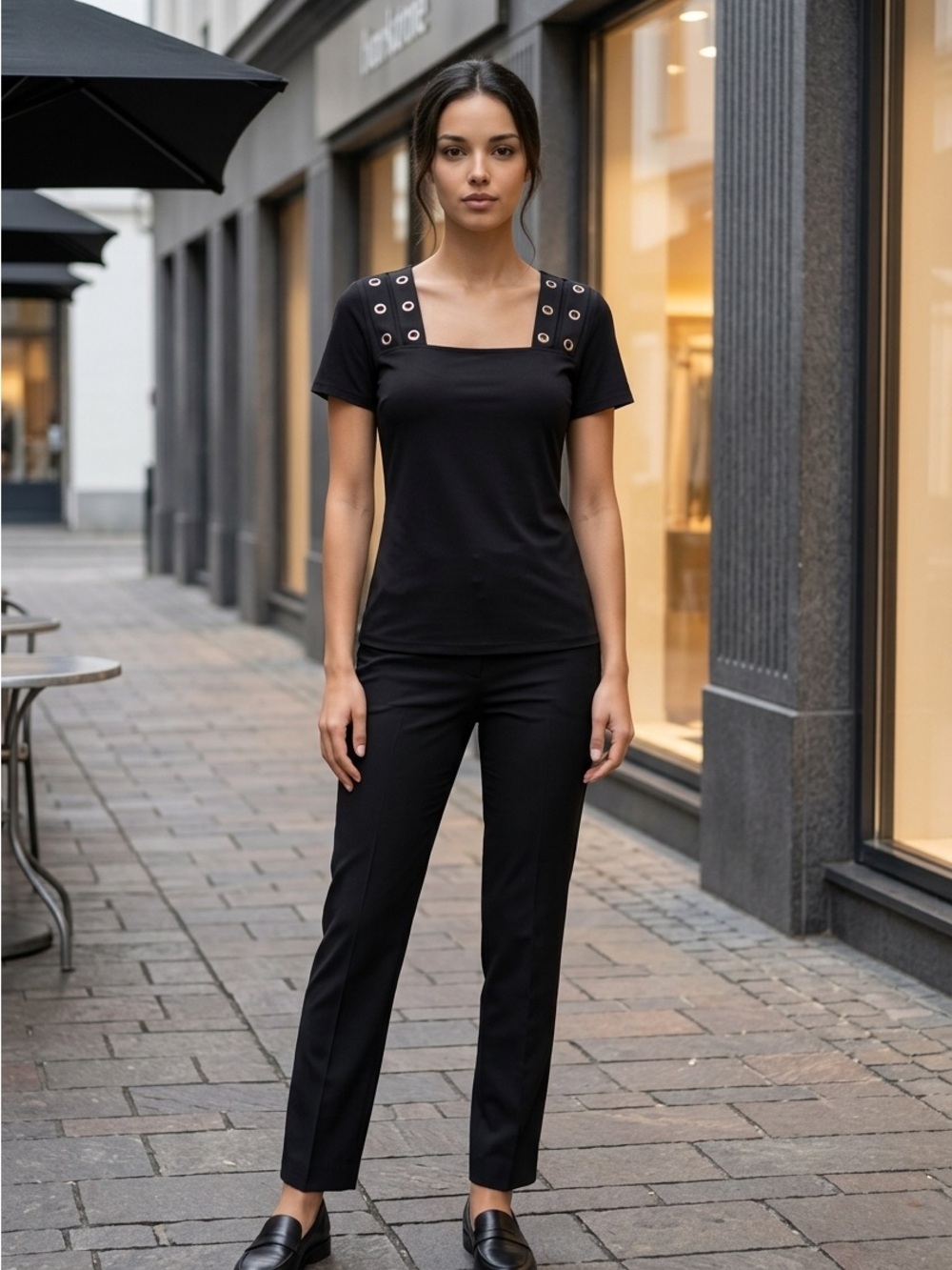 UGET Black Square Neck Grommet Detail Top